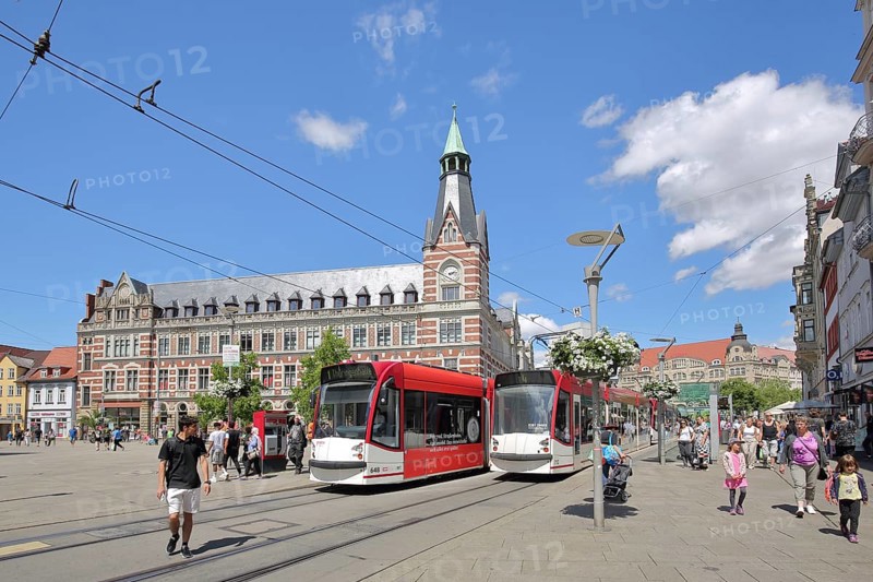 Historic main post office built in 1882 and tram stop, tram, tracks, pedestrian, pedestrian zone, Anger, Erfurt, Thuringia, Germany, Europe