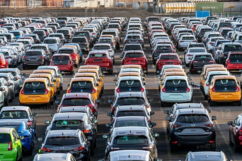 Car terminal in the Logport I inland port, in Duisburg on the Rhine, vehicle handling of new cars, storage area, North Rhine-Westphalia, Germany, Europe