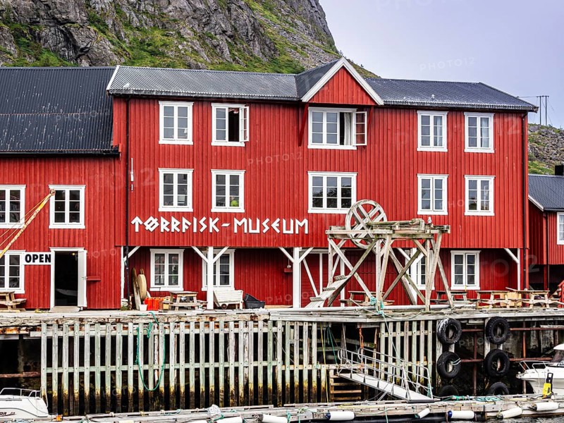 Tørrfisk museum (dried fish museum), the typical red wooden houses are now used as museum, village Å i Lofoten, island Moskenesøya, Lofoten, Norway, Europe
