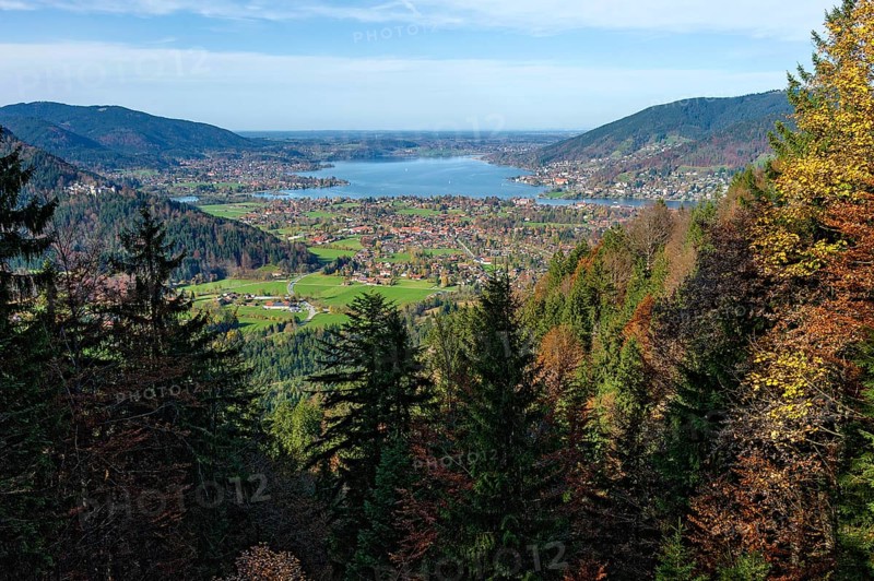 Rottach-Egern and Tegernsee, view over tree tops from Wallberg, Mangfall mountains, Bavarian Prealps, Alps, Upper Bavaria, Bavaria, Germany, Europe