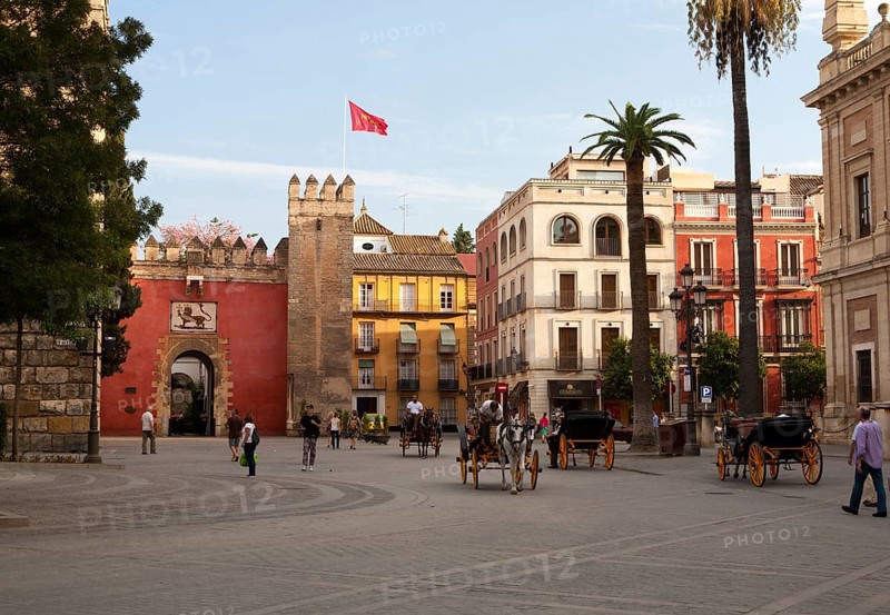 Horse and carriage rides for tourists through the historic central areas of Seville, Spain, Europe
