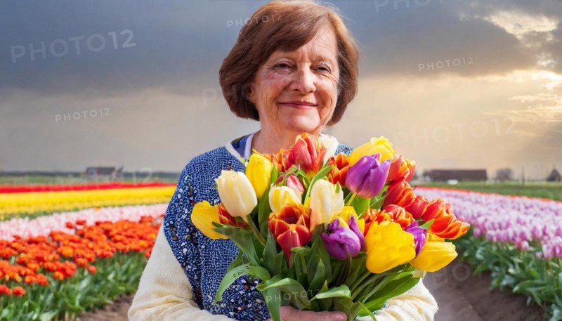 A middle-aged woman with a bouquet of colourful tulips stands against a cloudy sky above fields of tulips, KI generated, AI generated