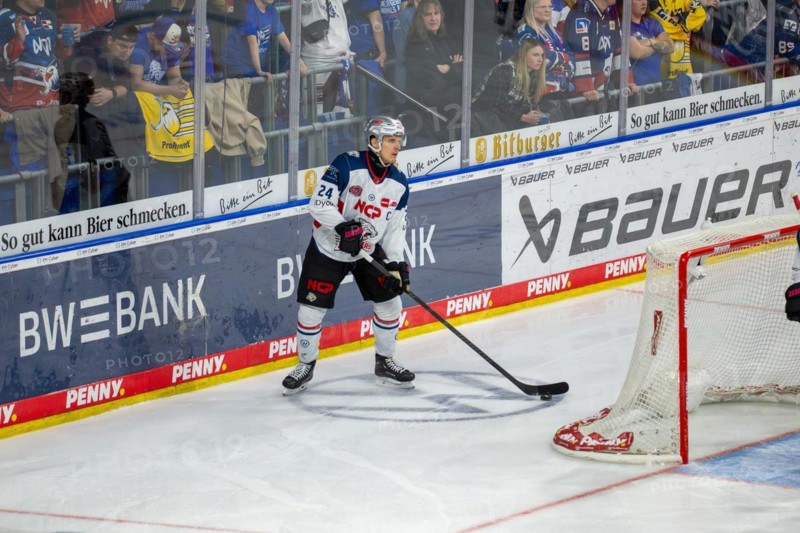 10.03.2024: Marcus Weber (24, Nuremberg Ice Tigers) in an away game at Adler Mannheim in the 2023/2024 pre-playoff round of the DEL (German Ice Hockey League)