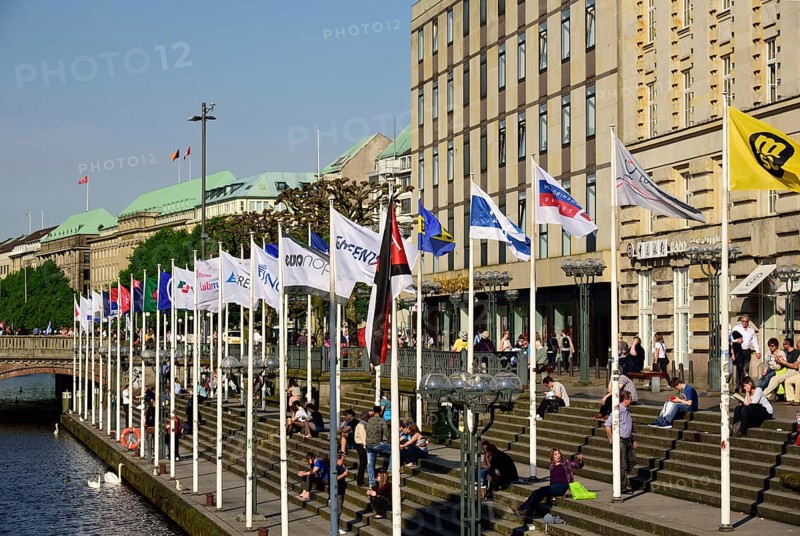 Germany, Hamburg, City, Inner Alster Lake, Kleine Alster, Alsterfleet, Terrace with shipping company flags, Hamburg, Hamburg, Federal Republic of Germany, Europe