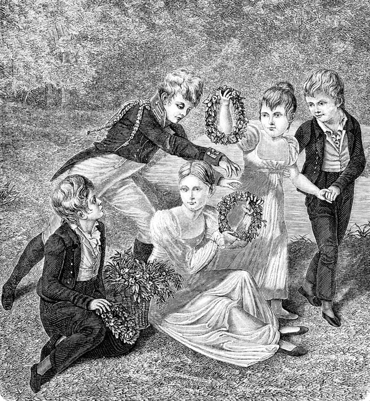 Children Friedrich Wilhelm III and Queen Luise in the park of Charlottenburg Palace, girls, boys, wreath, elegant clothes, Hohenzollern, Prussia, historical illustration 1882