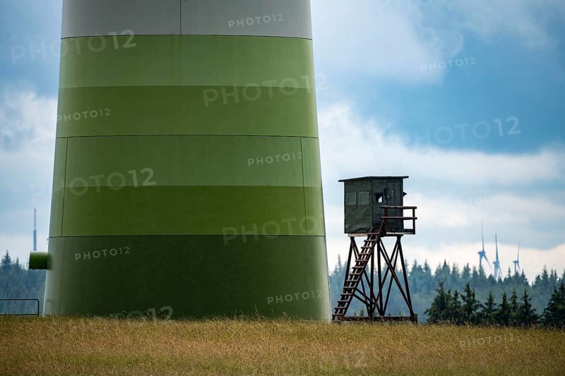 Wind power plant, mast, high stand for hunters, GLS Windpark, ENERCON E-101, 135 metre hub height, in the North Eifel, near Schleiden, North Rhine-Westphalia, Germany, Europe