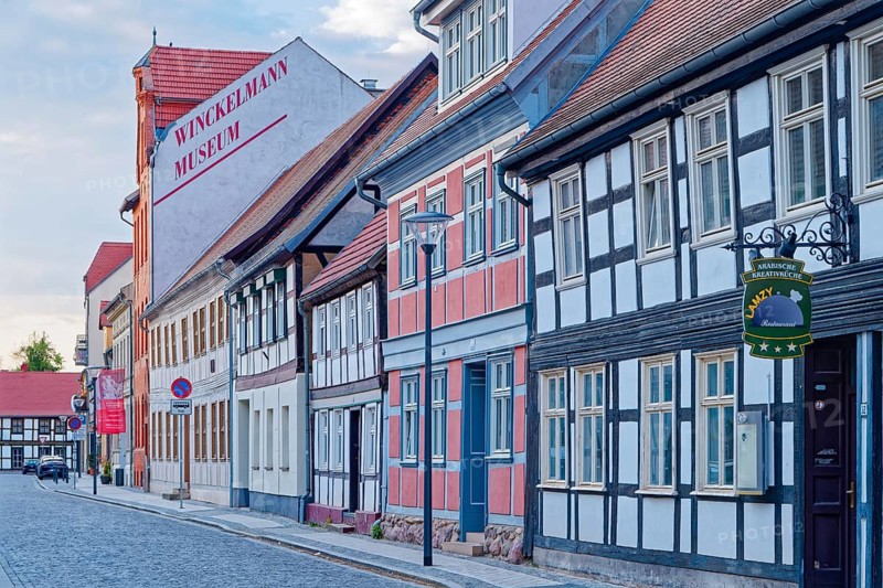 Half-timbered houses in the street Altes Dorf, a street with cobblestones, in the old town centre of Stendal in the Altmark. Hanseatic town of Stendal, Saxony-Anhalt, Germany, Europe