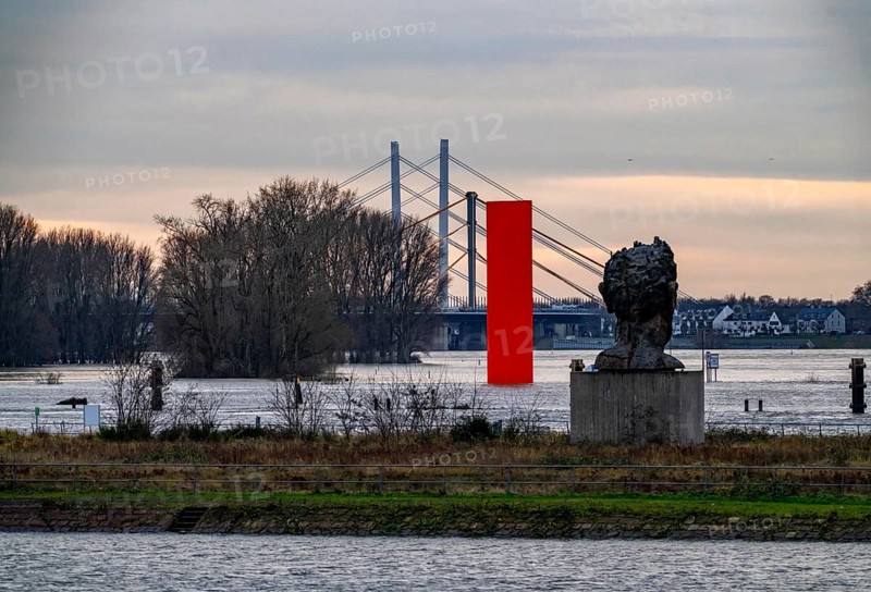 Flood on the Rhine near Duisburg, Rhine bridge Neuenkamp, old and new construction, landmark Rhine orange, washed by the flood, sculpture The Echo of Poseidon, on Mercator Island, washed by the flood, North Rhine-Westphalia, Germany, Europe