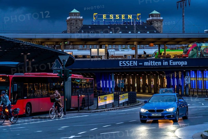The main railway station in Essen, Europaplatz, at the Freiheit, Handelshof building with Essen lettering, Essen, North Rhine-Westphalia, Germany, Europe