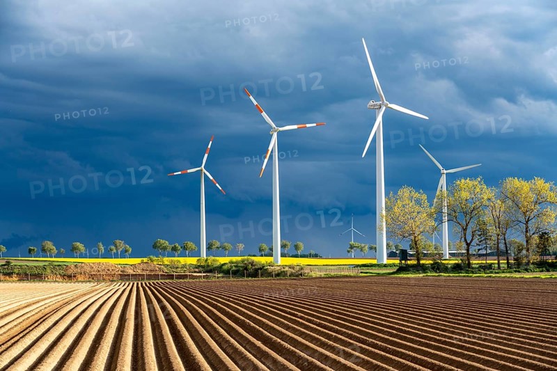 Wind turbines on a rape field, dark rain clouds, in the Rhenish lignite mining area, near Erkelenz-Holzweiler
