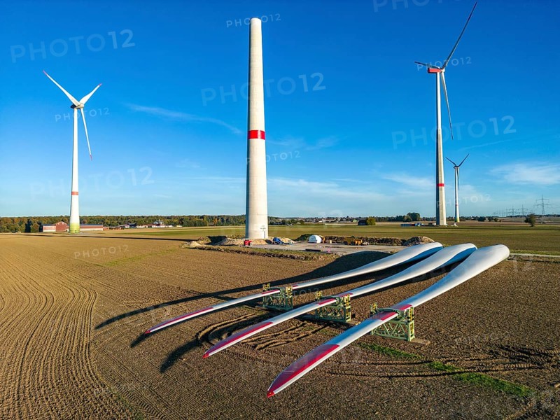 Wind farm near Bad Wünnenberg, construction site, storage area for a new wind turbine, components of the mast, the nacelle and the rotors are ready for assembly, North Rhine-Westphalia, Germany, Europe