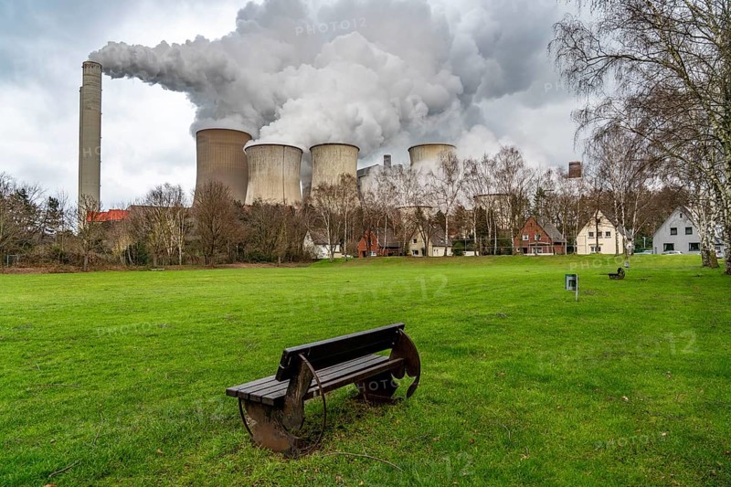 Lignite-fired power station, RWE Power AG Niederaußem power station, Auenheim district, directly at the power station, sports ground, belongs to Bergheim, North Rhine-Westphalia, Germany, Europe