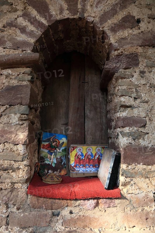 Amhara region, near Gondar, Gonder, prayer niche, votive tablets, holy images at the church of Debre Berhan Selassie, built in the 17th century, UNESCO, World Heritage Site, world, heritage, cultural heritage, Ethiopia, Africa