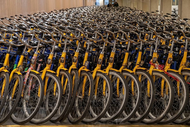 Bicycles at the OV-Fiets rental station, at Utrecht Central Station, hundreds of rental bikes waiting to be used, offer of the Dutch railway NS, for customers, low rental costs, available at almost every station, Utrecht, Netherlands