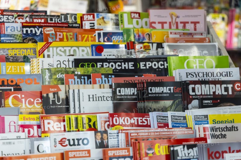 Magazine kiosk with Compact magazines. Compact is a far-right political monthly magazine in Germany. Stuttgart, Baden-Württemberg, Germany, Europe