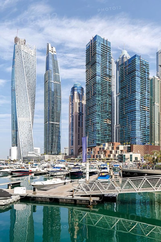Dubai Marina skyline skyscrapers with yachts property skyscrapers living on the waterfront in Dubai, United Arab Emirates, Asia