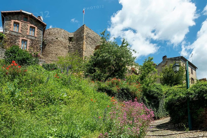 Historic village of Auzon with overgrown greenery under a bright blue sky, Haute-Loire, Auvergne-Rhone-Alpes, France, Europe