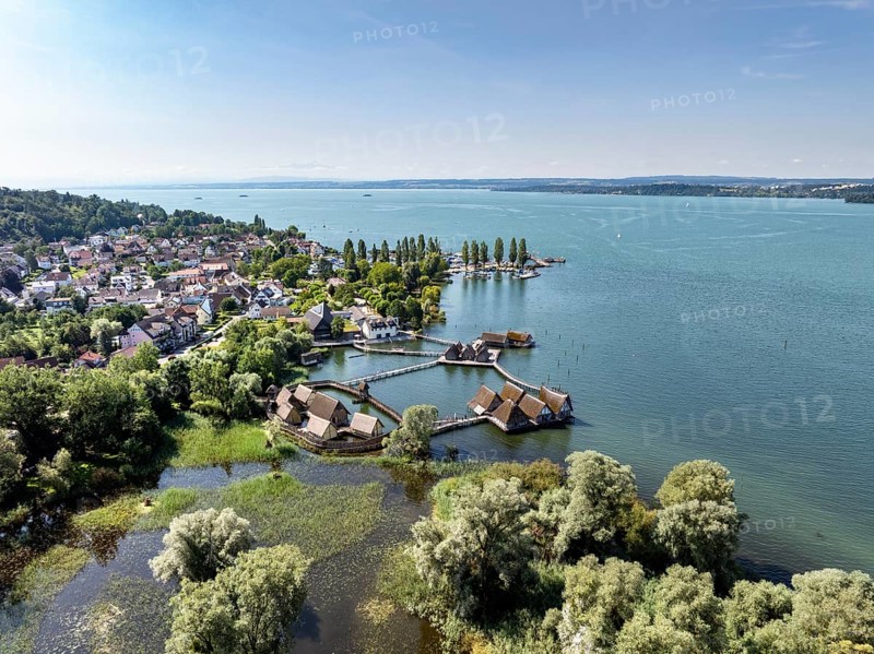 Aerial view of the pile dwellings, Lake Dwelling Museum, Open Air Museum Unteruhldingen, Uhldingen-Mühlhofen, Lake Constance, Lake Constance, Baden-Württemberg, Germany, Europe