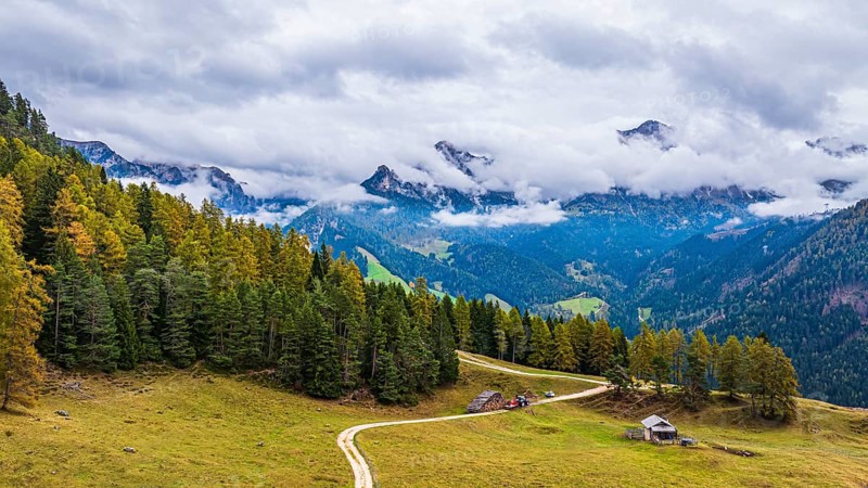 Forest work on the alpine meadow Wuhnleger, in the background the peaks of the rose garden, shrouded in fog, drone shot, Dolomites, Autonomous Province of Bolzano, South Tyrol, Italy, Europe