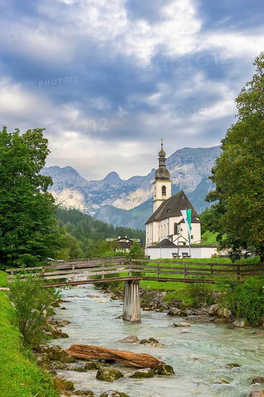Parish church of St Sebastian, bridge, Ramsauer Ache, Ramsau, Berchtesgadener Land, Upper Bavaria, Bavaria, Germany, Europe