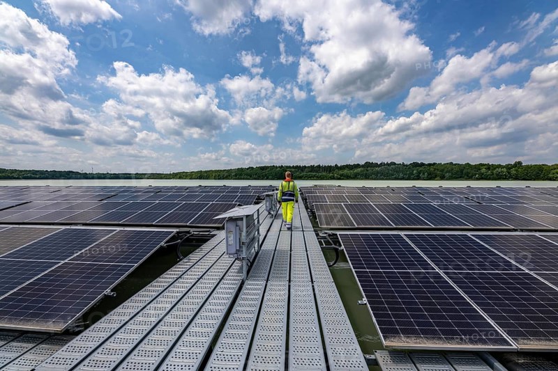 Germany's largest floating solar power plant on the Silbersee III, a quarry pond no longer used for sand mining, near Haltern am See, operated by Quarzwerke GmbH, around 5800 solar modules, on an area of a good 2 football pitches, generate 3.1 megawatts of power, the company uses the electricity itself on weekdays, at weekends it flows into the public grid, North Rhine-Westphalia, Germany, Europe