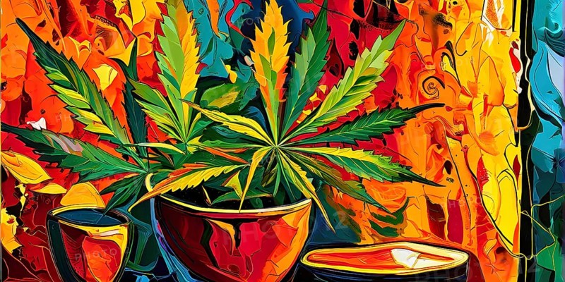 Abstract composition of a cannabis cafe with ambiance bold contrasting colors and playful shapes, AI generated