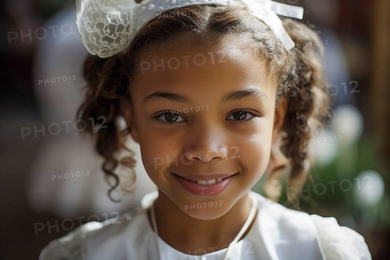 Portrait of a beautiful mulatto girl wearing a white dress for easter sunday, generative AI, AI generated