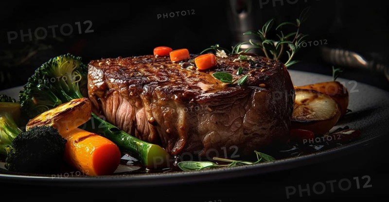 Fresh succulent top sirloin steak with sauteed vegetables dish, generative AI.- generative AI, AI generated