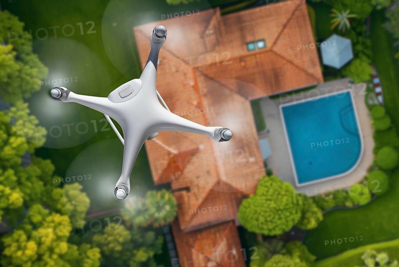 Quadcopter UAV drone flying A residential roof inspection. generative AI background, AI generated