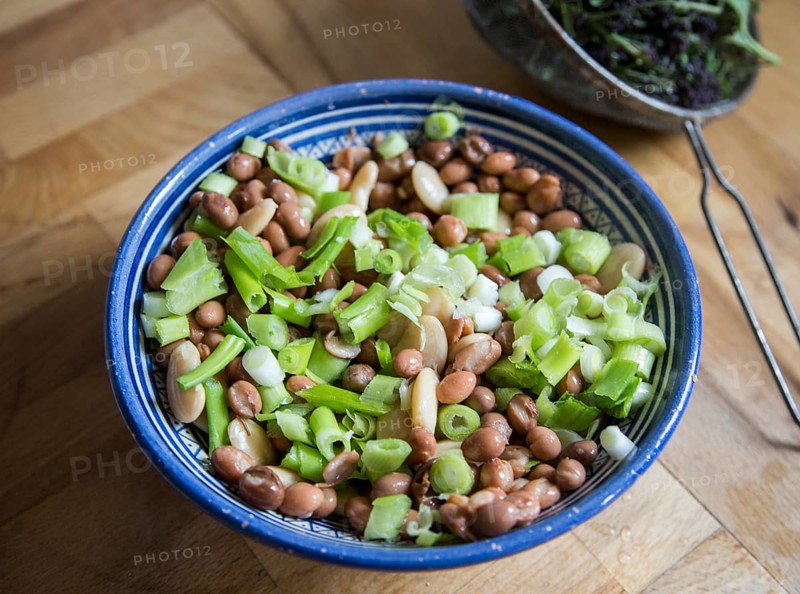 Close up looking down close up fresh mixed bean and chopped spring onion salad in bowl