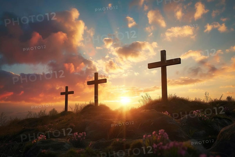 Easter concept three crosses on Golgotha Calvary hill against a dramatic sunset, AI generated