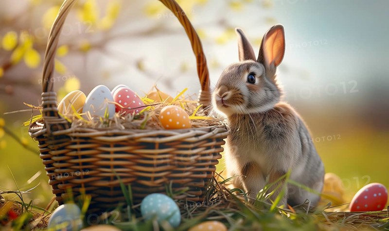 Cute Easter bunny sits beside a basket filled with colorful, decorated eggs amidst a vibrant green field under the bright, sunny sky. The festive spirit of Easter and the joy of nature, AI generated