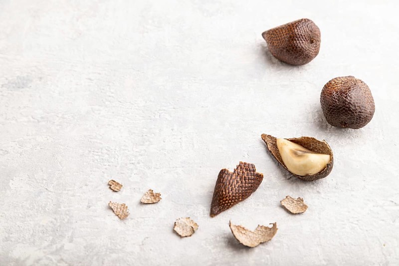 Salak or snake fruit on gray concrete background. Side view, copy space. Tropical, healthy food, summer, exotic, minimalism