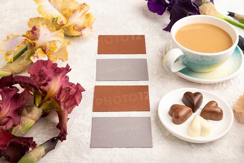 Set of gray and brown business cards with cup of cioffee, chocolate candies, purple and burgundy iris flowers on gray concrete background. side view, copy space, still life. Breakfast, morning, spring concept