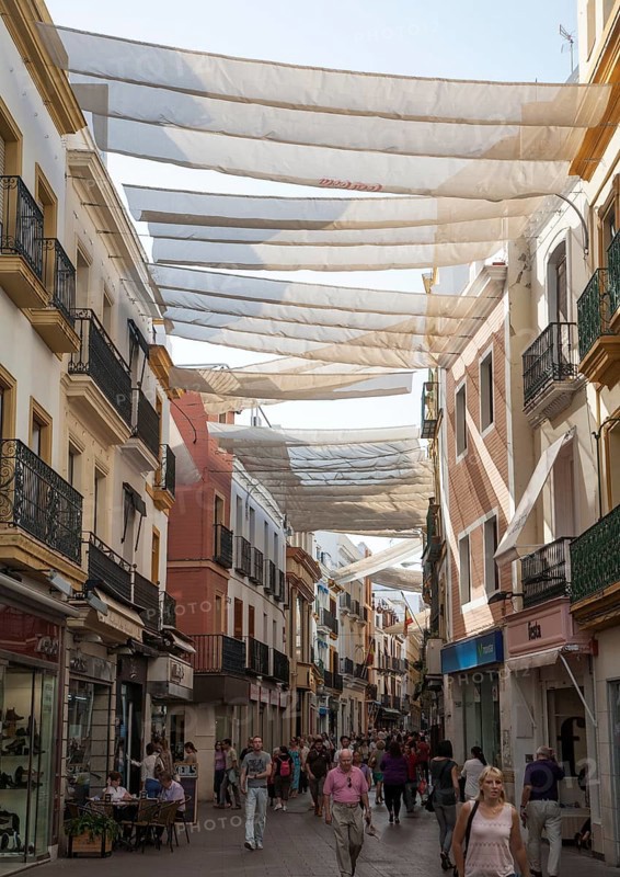 Fabric spread over buildings to provide shade in busy shopping street in central Seville, Spain, Europe