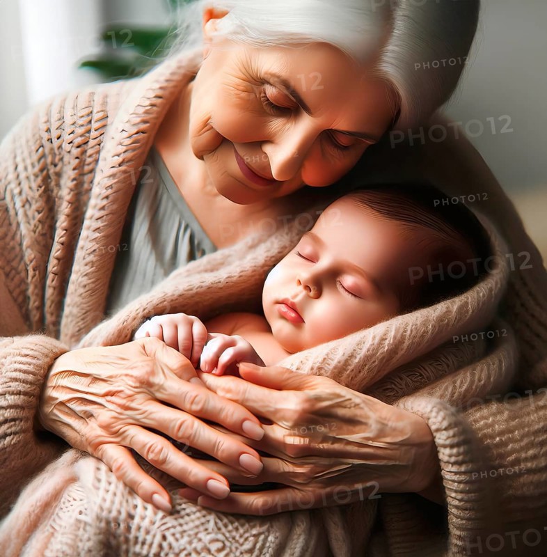 A grandmother tenderly embraces her grandchild, a baby, symbolic image family, grandparents, love, tenderness, AI generated, AI generated
