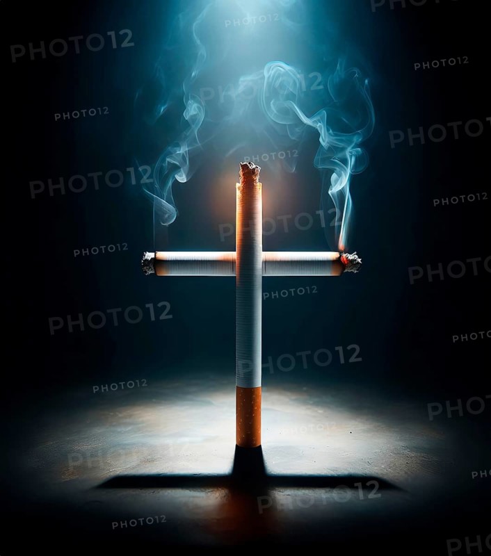 A cross of glowing cigarettes, symbolic image smoker, nicotine, tobacco, tobacco consumption, health, pleasure, cancer prevention, disease, AI generated, AI generated