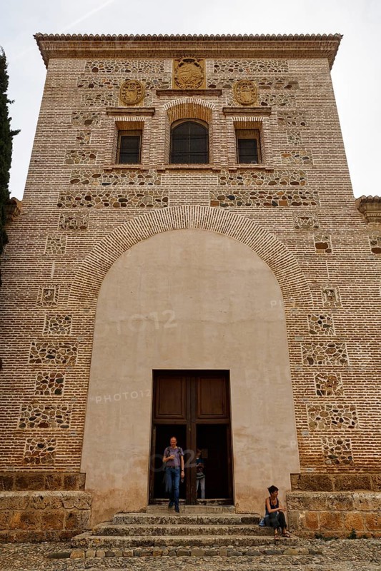 Church of Santa Maria de la Encarnacion, brick church tower, architecture, Mudejar style, tourists on staircase, Alhambra, Granada, Andalusia, Spain, Europe
