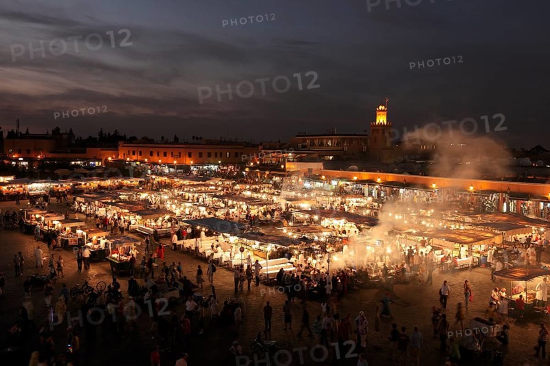 Restaurants in the evening on the Djemaa el Fna square in Marrakech, Morocco, Africa