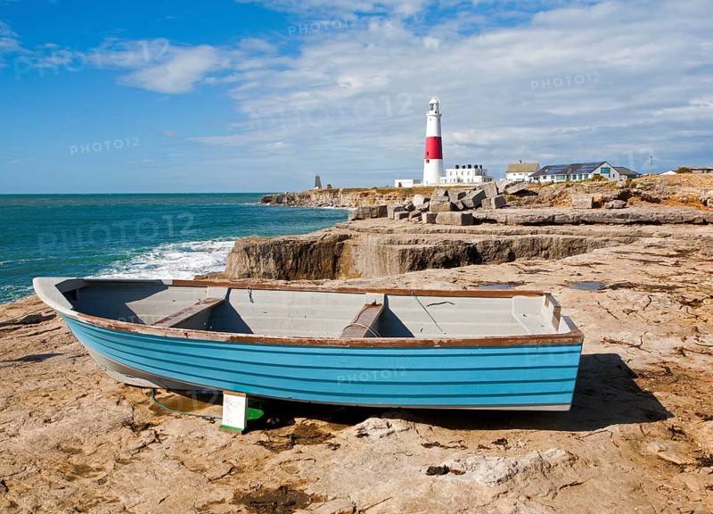 Red and white lighthouse on the coast at Portland Bill, Isle of Portland, Dorset, England, United Kingdom, Europe