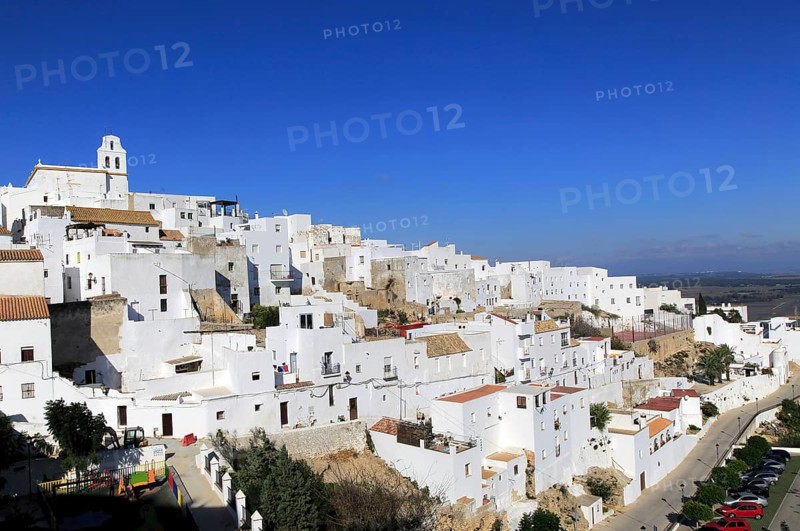 Pueblo blanco historic village whitewashed houses on hillside, Vejer de la Frontera, Cadiz Province, Spain, Europe