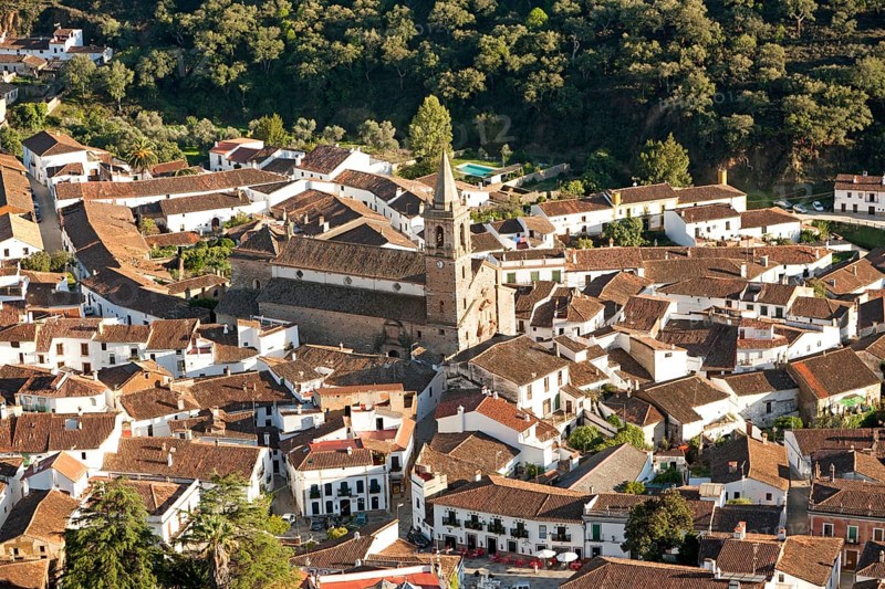 Overhead oblique angle view of village of Alajar, Sierra de Aracena, Huelva province, Spain, Europe