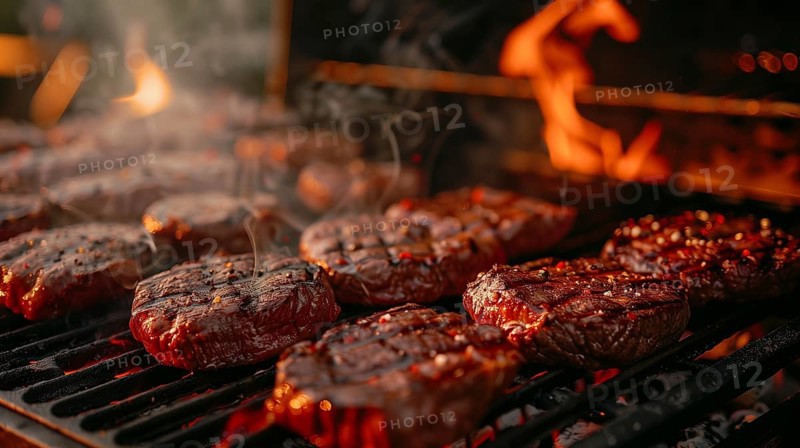 Several hamburgers sizzling on the BBQ. generative AI, AI generated