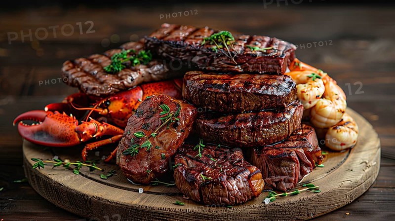 Steak and lobster platter. generative AI, AI generated