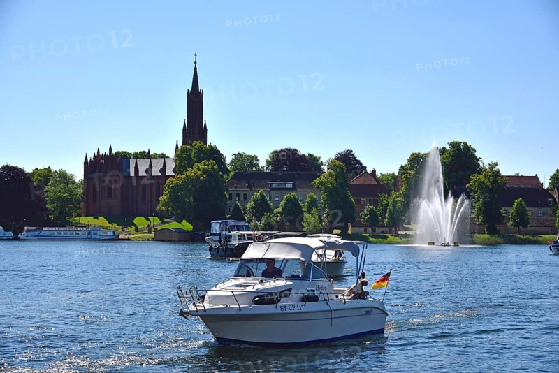 Europe, Germany, Mecklenburg-Western Pomerania, island town Malchow, view to the cultural centre Malchow Monastery, monastery complex from the 13th century with neo-Gothic church from the 19th century, Malchower See, Malchow, Mecklenburg-Western Pomerania, Germany, Europe