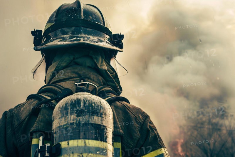 Back view of firefighter with helmet and oxygen flask. KI generiert, generiert, AI generated