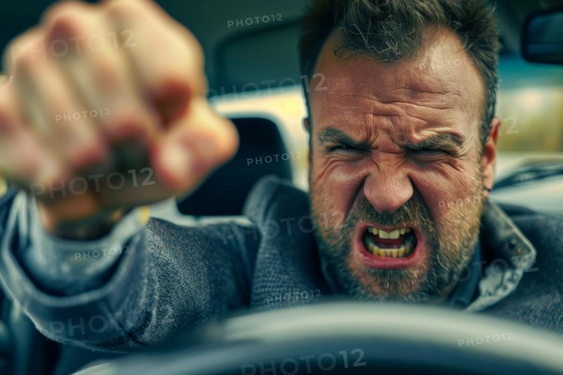 Angry, unnerved, aggressive, screaming man sitting behind the steering wheel and gesticulating wildly with his fist, symbolic image for aggressive behaviour in road traffic, AI generated, AI generated, AI generated