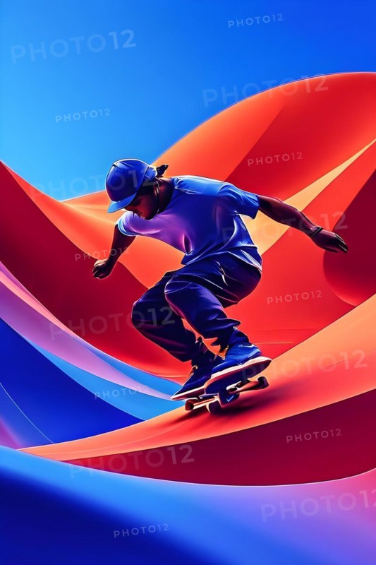 Skateboarder in dynamic jump abstracted into fluid shapes that capture elegance and dynamic in french olympic colors blue, white and red, AI generated