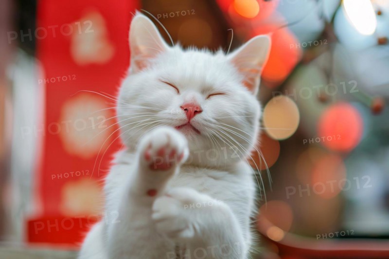 Funny realistic Japanese lucky winking cat. White cat with closed eyes and raised paw.. KI generiert, generiert AI generated