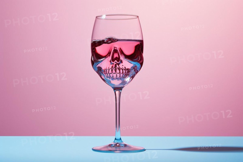 Winde glass with liquid with skull inside. Concpet for danger of alcoholism. KI generiert, generiert AI generated
